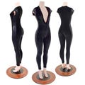 Black Velvet Deep Plunging V Catsuit with Black Mystique Cap Sleeves and Side Panels -