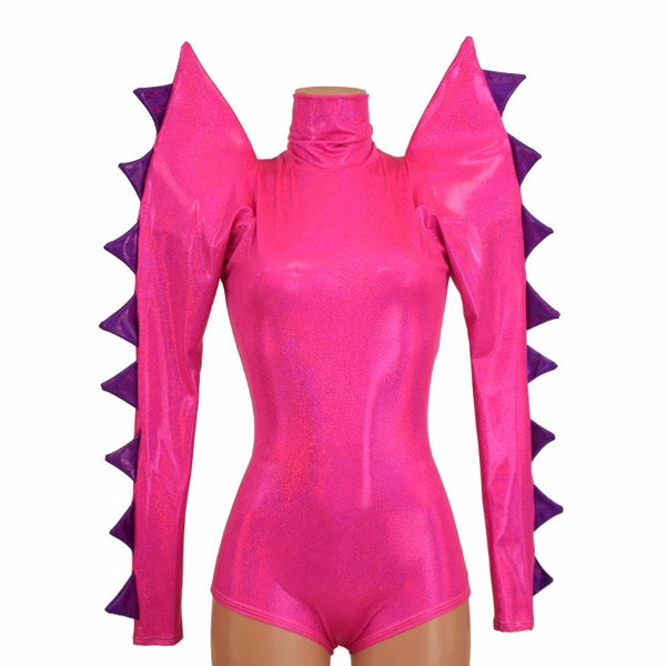 Neon Pink Holo Romper with Turtleneck, Back Zipper, Mega Sharp Shoulder Long Sleeves with Grape Spikes on Sleeves, Boy Cut Leg