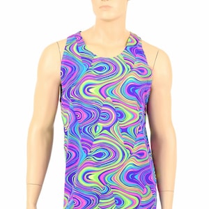 May include: A sleeveless tank top with a colorful abstract swirl pattern in shades of blue, green, pink, and purple.