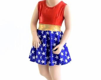 Girls Sleeveless Super Hero Skater Dress with Red Sparkly Jewel Bodice, Gold SJ waistband, and Blue and White Star Flared Hemline