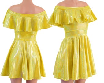 Off Shoulder Belle Skater Dress with Ruffle in Yellow Sparkly Jewel  -