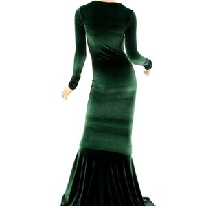 Bewitching Long, Forest Green Velvet Gown with Crew Neckline, Long Sleeves and Puddle Train 154345 image 3