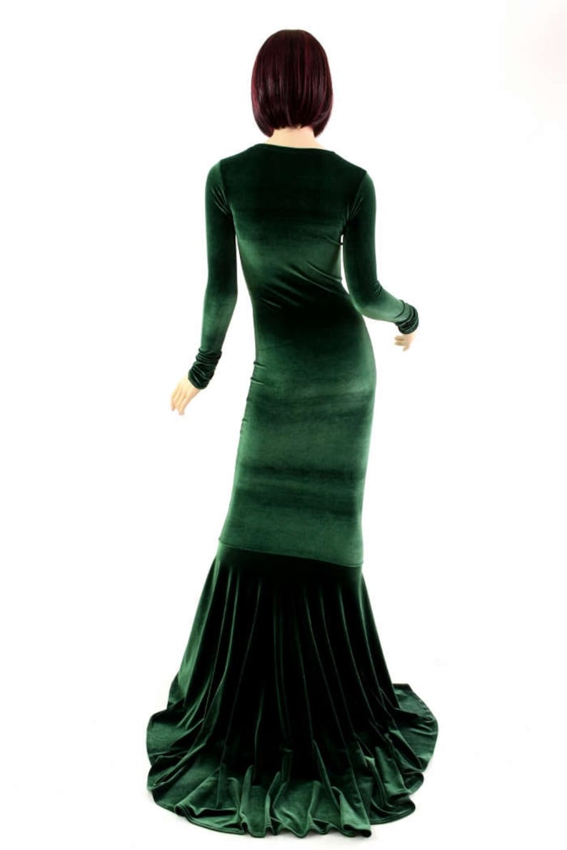 Bewitching Long, Forest Green Velvet Gown with Crew Neckline, Long Sleeves and Puddle Train 154345 image 3