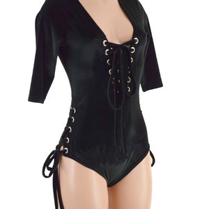 Black Velvet Romper With Half Sleeves, Plunging V Neckline With Laceup, Siren Cut Leg, and ...