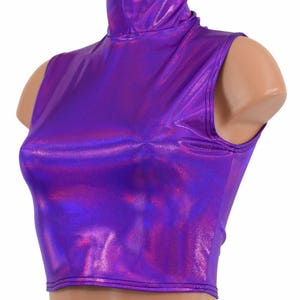 Grape Purple Holographic Sleeveless Turtle Neck Crop Top-154727
