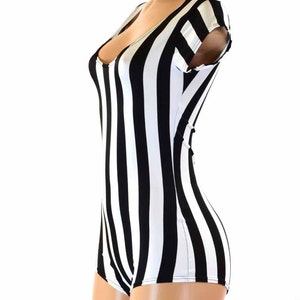 Black & White Stripe Referee Print Cap Sleeve Romper with Scoop Neck and Boy Cut Leg 151213