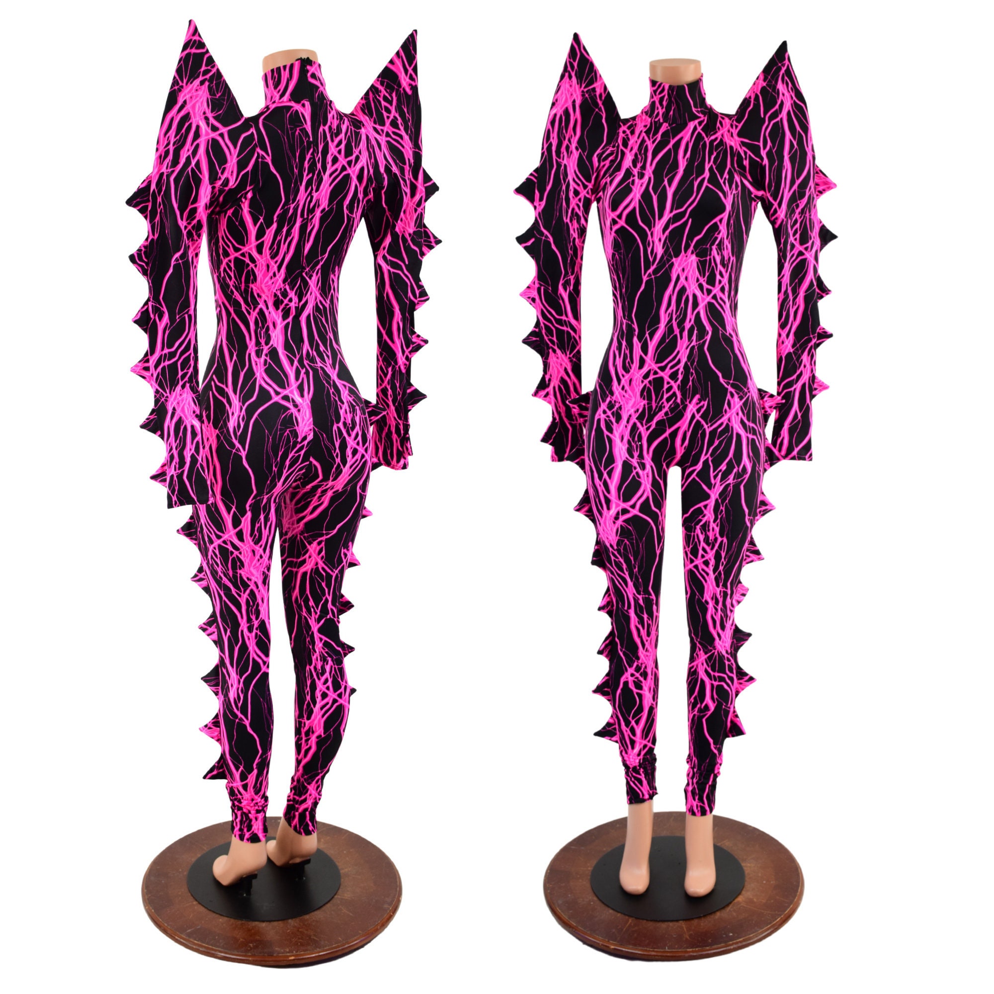 Pink UV Glow Lightning Print Spiked Mega Sharp Shoulder Turtleneck Neck Back Zipper  Catsuit -1579243