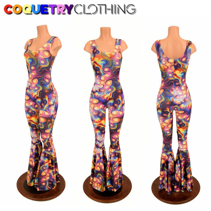 Meteorite Print Sleeveless Tank Style Spandex Catsuit with Bell Bottom Flares Psychedelic Trippy - 156045