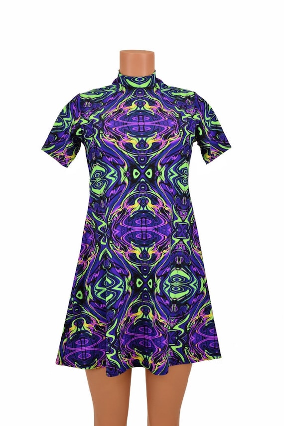Neon Melt UV GLOW A-Line Dress with Short Collar and Tee Length Sleeve 25" underarm to hemline-