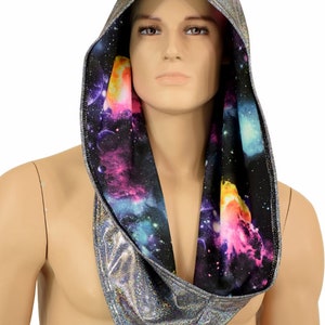 Reversible Festival Hood in Silver Holographic & Galaxy UV Glow  Festival Rave Reversible Hood   -151986