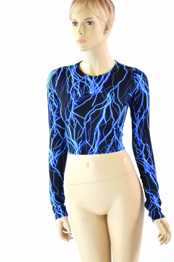 UV Glow Neon Blue Lightning Print Long Sleeve Crew Neck Crop