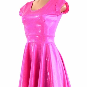Neon Pink Sparkly Holographic Skater Dress with Scoop Neck and Cap Sleeves 150180