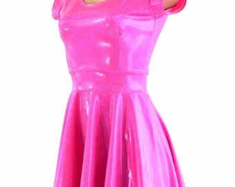 Neon Pink Sparkly Holographic Skater Dress with Scoop Neck and Cap Sleeves 150180