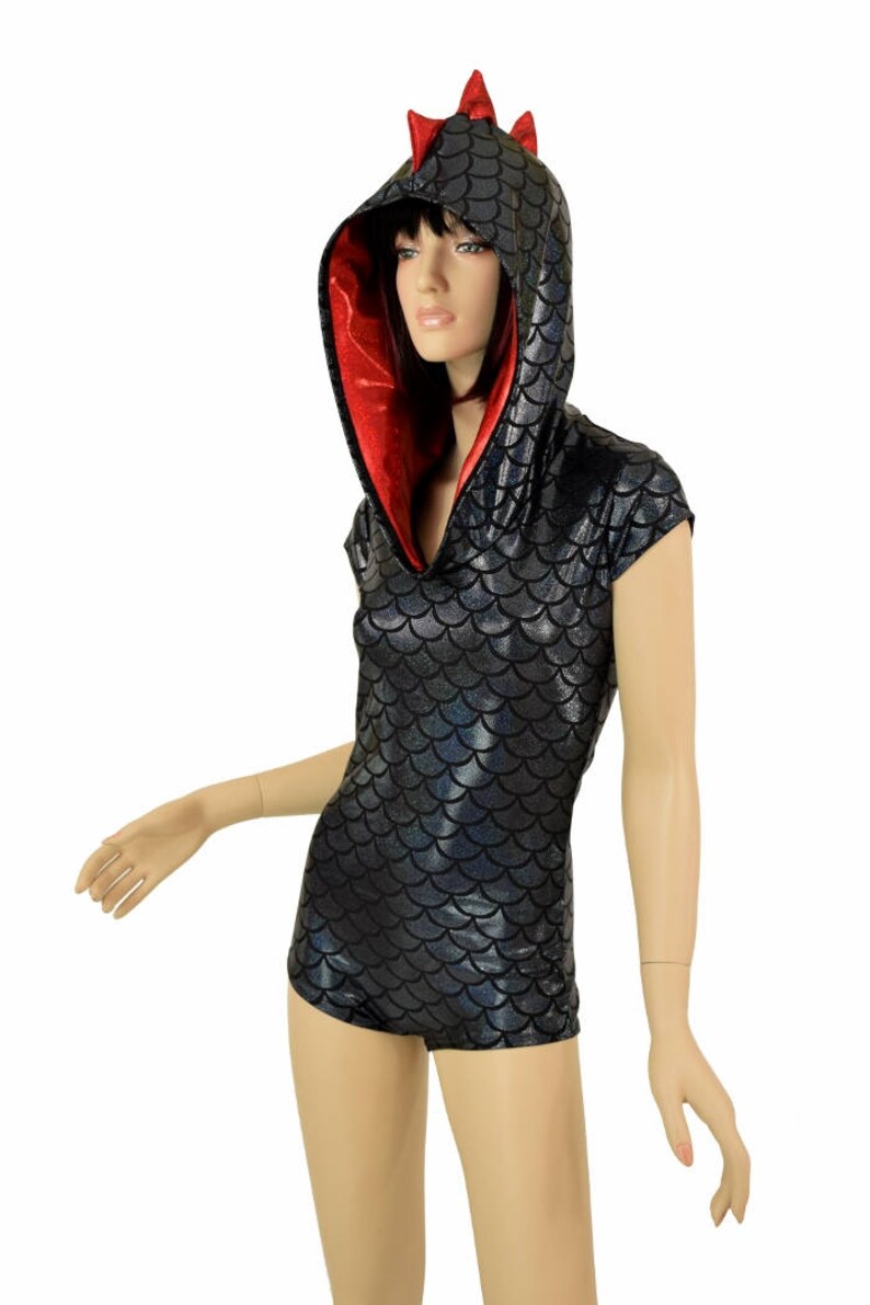 Black Dragon Scale Cap Sleeve Hoodie Romper With Red Etsy