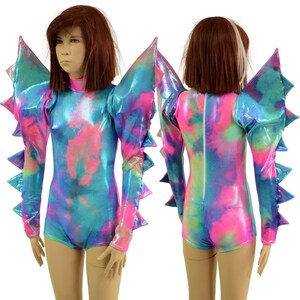 May include: A colorful, long-sleeved bodysuit with a tie-dye pattern in shades of blue, pink, and green. The costume features large, pointed shoulder accents and a high neckline. The bodysuit has a zipper down the back.