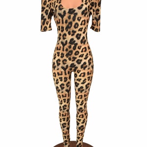 Leopard Print Sharp Shoulder Half Sleeve Catsuit with Scoop Neck  156112