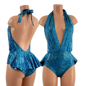 Ruffle Rump Josie Romper with Siren Cut Leg in Turquoise on Black Shattered Glass 1579122
