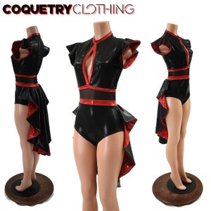 Black Mystique Keyhole Style Flip Sleeve Siren Cut with Tuxedo Back Romper // Black Mesh waist panel and red keyhole trim - EMK789