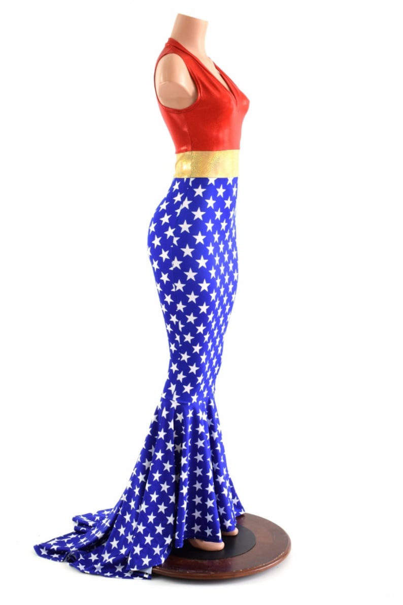 Sleeveless Super Hero Puddle Train Gown with V Neckline Red, Gold Blue & White Stars 152858 image 4