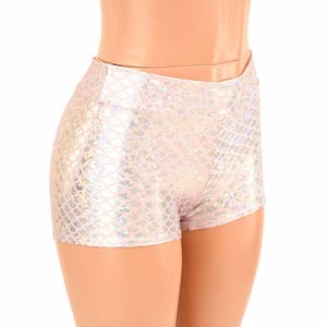 Midrise Silver on Pink Mermaid Scale Booty Shorts Rave Festival Clubwear - 155011