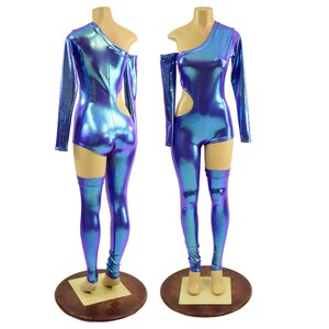 May include: A one-shoulder, long-sleeved bodysuit with a cut-out on the side. The bodysuit is made of a shiny, iridescent fabric in shades of blue and purple. The model is wearing matching leg warmers.