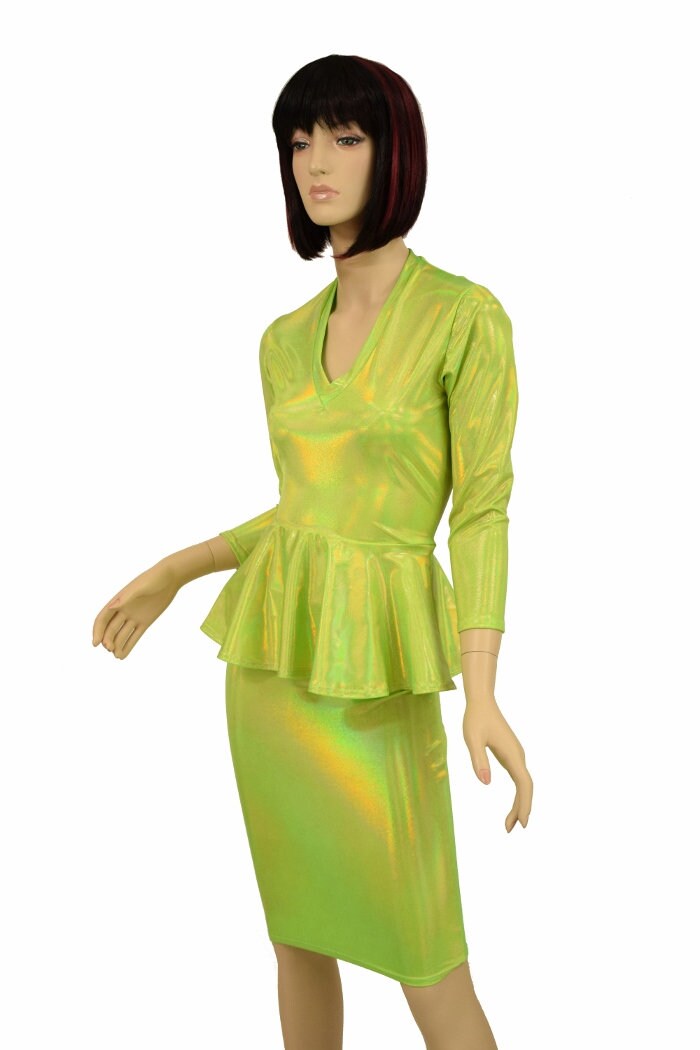 Lime Green Holographic 3/4 Sleeve V-neck Peplum Top & 27