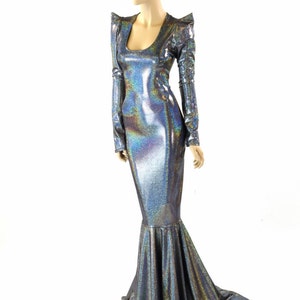 Glamorous, Bombshell Silver Holographic Sharp Shoulder Gown  with Scoop Neckline, Long Sleeves and Puddle Train   151744