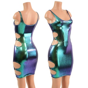 Scarab Holographic Skinny Strap Tank Dress with O-ring Cutouts 158075