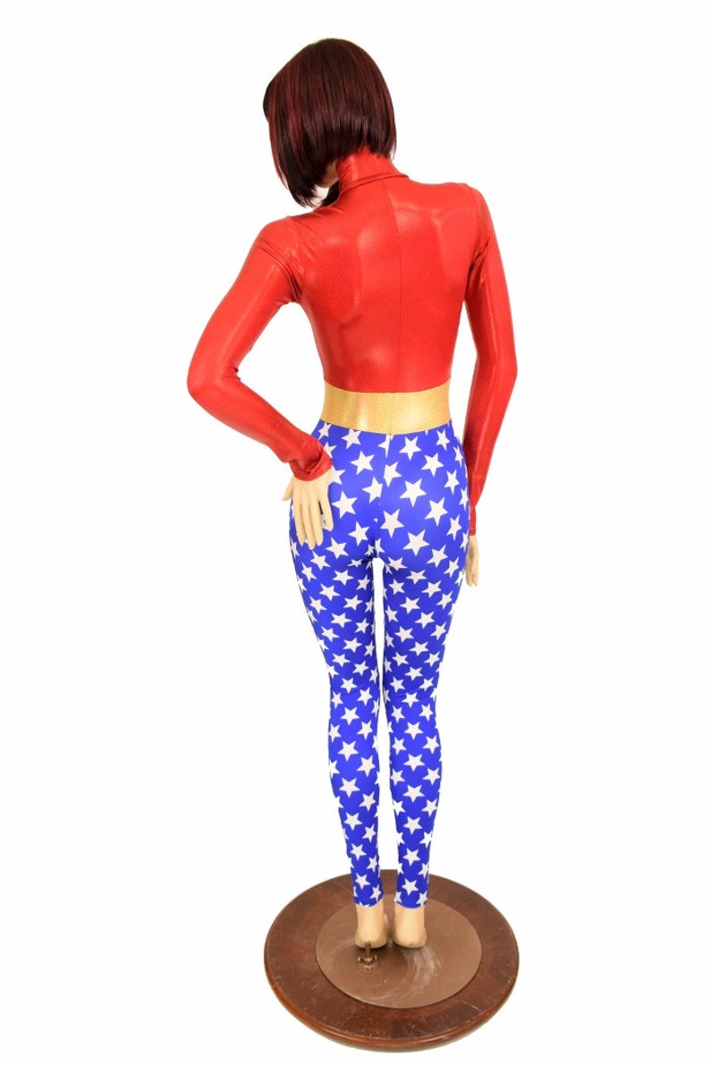 156285 Wonder Woman Inspired Turtle Neck Front Zipper Long Sleeve Catsuit in Blue /& White Star Gold SJ Waistband Red Top