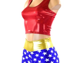 2PC Red Metallic Tank Top, Blue & White Star Print High Waist  Booty Shorts w/ Gold Metallic Waistband Super Hero Costume 151294