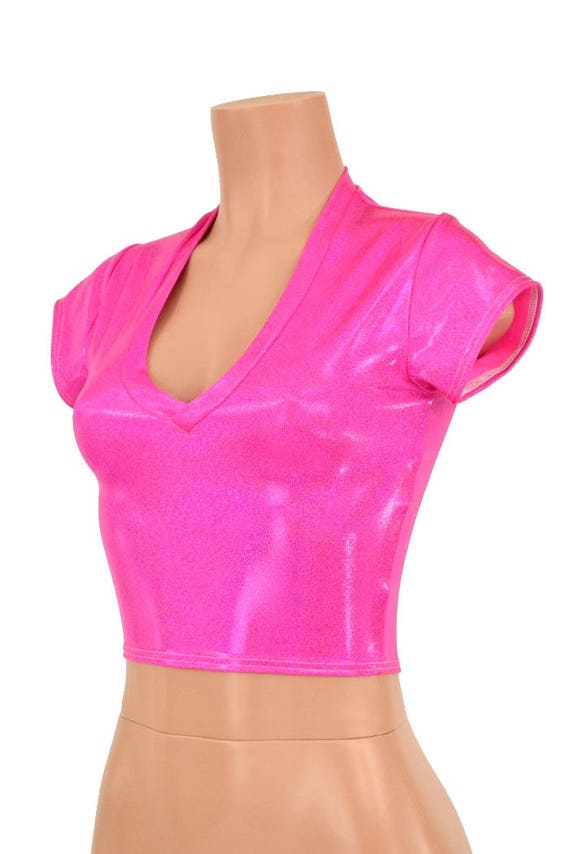 V Neck Crop Top With Cap Sleeves in Neon Pink Holographic