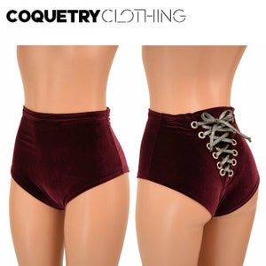 High Waist &quot;Siren&quot; Back Lace Up Hot Pants in Burgundy Velvet with Silver Holo ties  - 156024