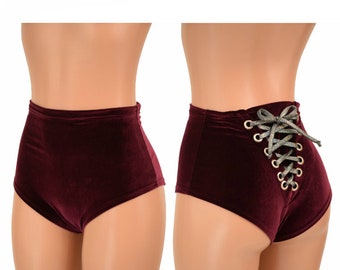 High Waist "Siren" Back Lace Up Hot Pants in Burgundy Velvet with Silver Holo ties  - 156024