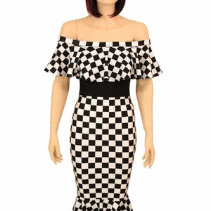 Black & White Checkered Print UV GLOW Off Shoulder Wiggle Dress with Black Zen Bodice and Ruffled Hemline - 155914