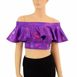 Grape Purple Holographic Off Shoulder Crop Top 155085 image 2