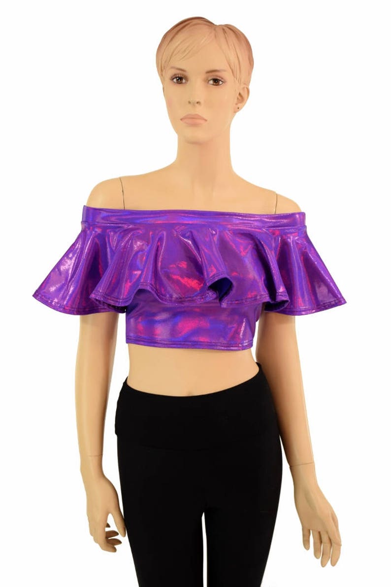 Grape Purple Holographic Off Shoulder Crop Top 155085 image 2