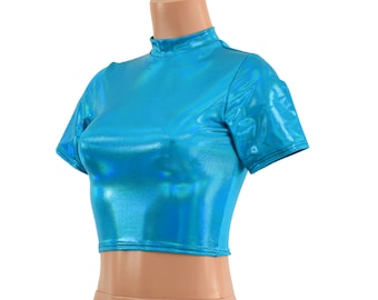 Peacock Holographic Crop Top with Short Collar and Tee Sleeves