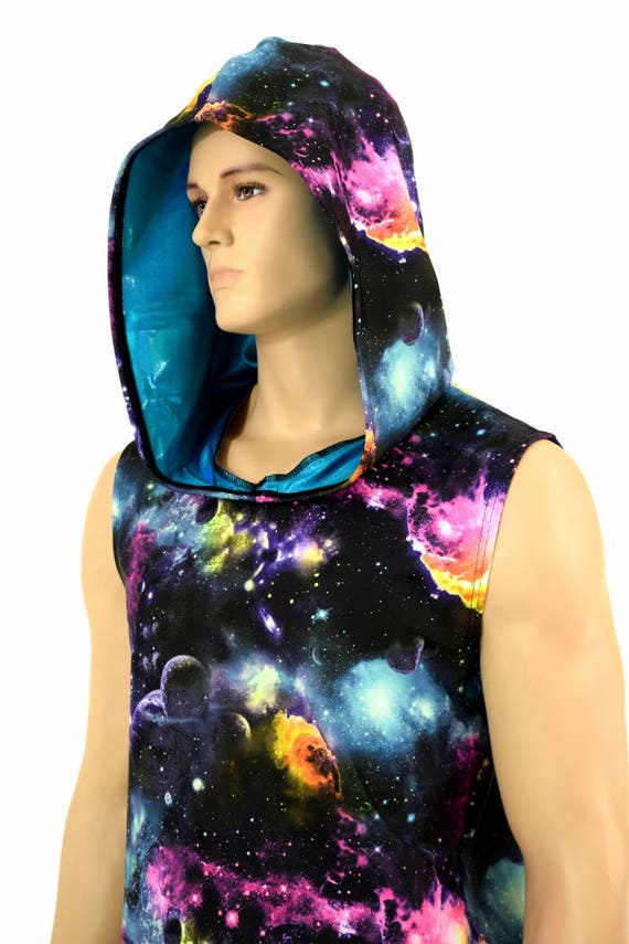 Mens UV Glow Galaxy Print Sleeveless Hoodie Shirt With Peacock