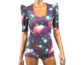 Space Galaxy Print Sharp Shoulder Pointy Sleeve Bodysuit Romper Made To Order -E6948