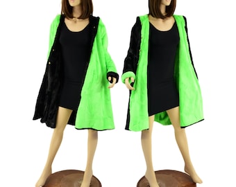 Reversible Minky A Line Coat in Neon UFO Green Minky Faux Fur and Black Minky Faux Fur-