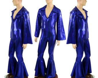 May include: A blue jumpsuit with a wide collar and flared legs. The jumpsuit has long sleeves with wide cuffs. The fabric has a metallic sheen.