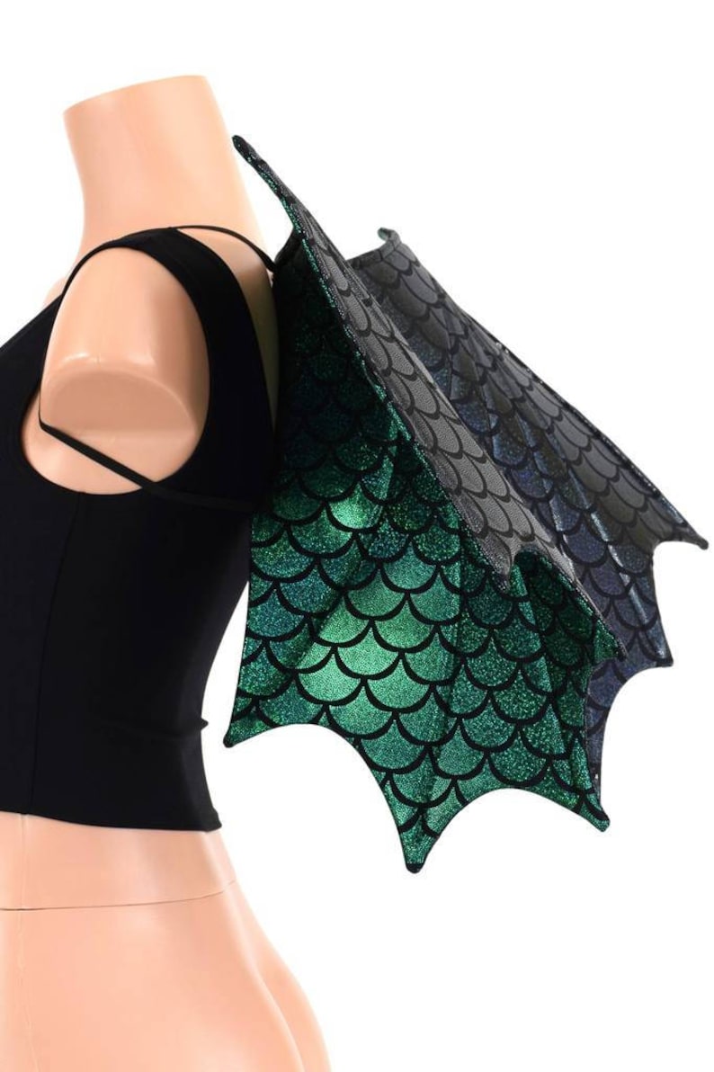 Two Tone Black Dragon Scale BACK/Green Dragon Scale FRONT Wireless Dragon Wings Sparkly Holographic Shiny Wings Only 154770 image 1