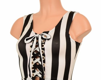 Black & White Stripe Lace Up Crop Tank - 155761