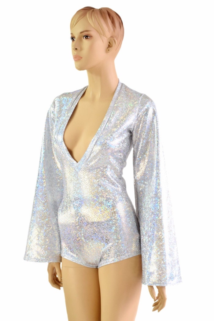 Silver on White Shattered Glass Plunging V Neckline Romper with Bell Sleeves and Boy Cut Leg
