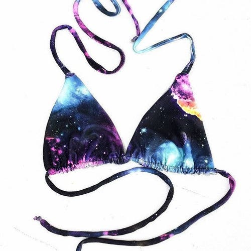 Reversible Triangle Slide Bikini Top in UV GLOW Galaxy Print & Frostbite Shattered Glass Holo w/Galaxy Print Straps Pool Beach Swim - 154680