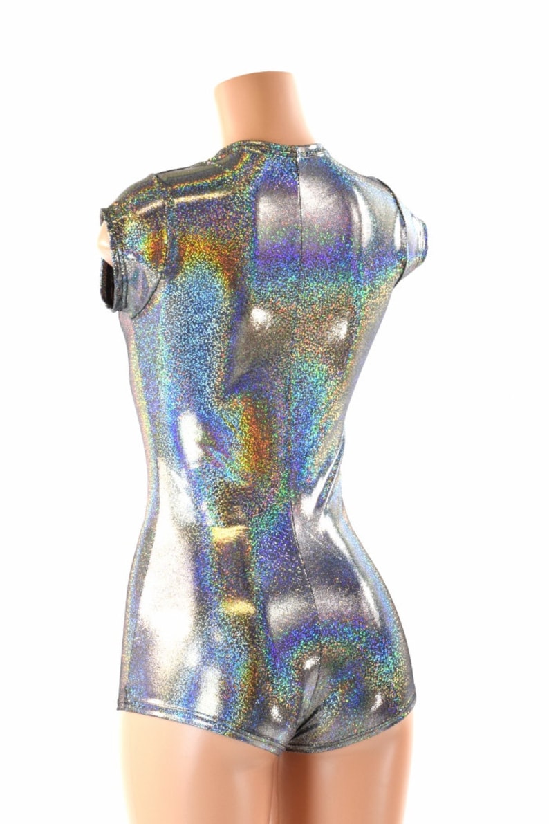 Silver Holographic Cap Sleeve Romper with Scoop Neckline and Boy Cut Leg 152192 image 3