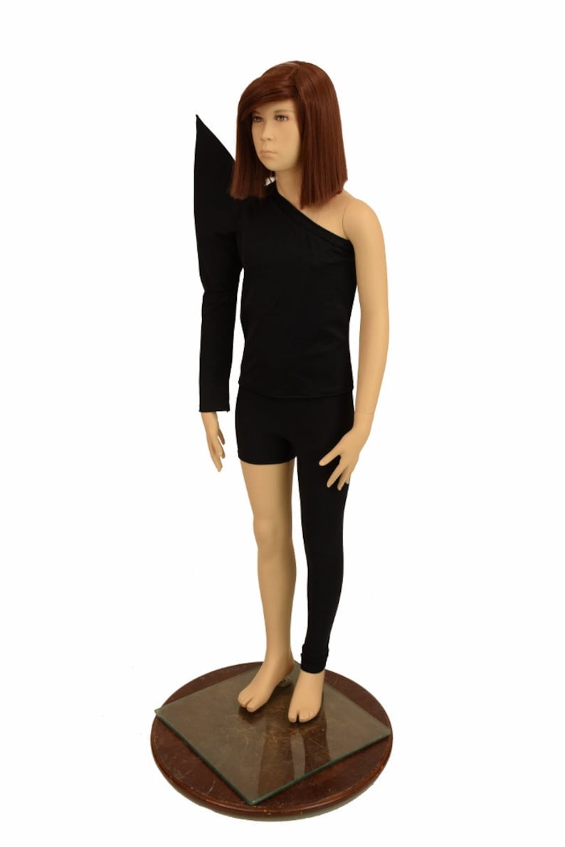 Kids Bowie Inspired 2PC Full Length Top /& Leggings Right Shoulder Mega Sharp Shoulder Long Sleeve Left Leg Full Length in Black Mystique