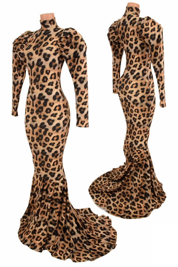 Leopard Print Turtle Neck Puddle Train Gown With Puffed
