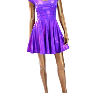 Grape Purple Metallic Holographic Scoop Neck Cap Sleeve Fit and Flare Skater Dress 150202