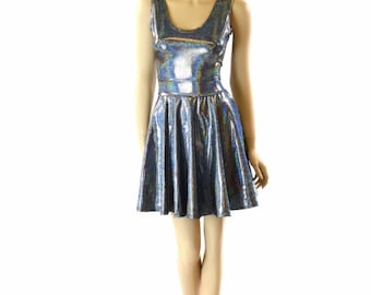 Silver Holographic Sleeveless Tank Skater Dress